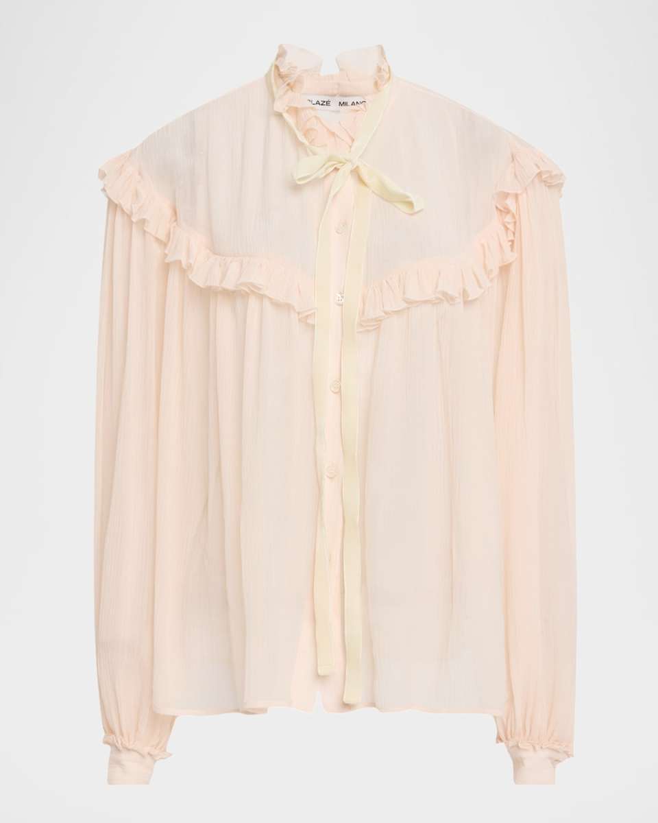 Aereine Marwari Bow-Neck Ruffle Peasant Blouse